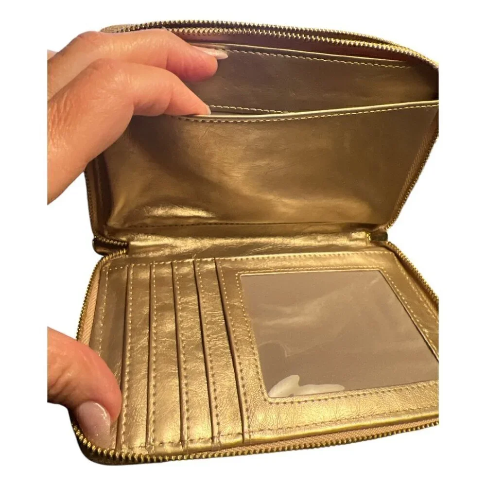 Anne Klein Designer Zip Around Neutral Tan Wallet w/Gold Lion Head Logo Emblem